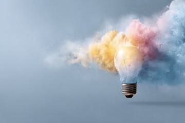 Exploding Light Bulb with Colorful Powder Cloud and Glitter against a Blue Background