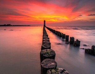 Sunset over tranquil sea, with a wooden pier leading to a distant lighthouse