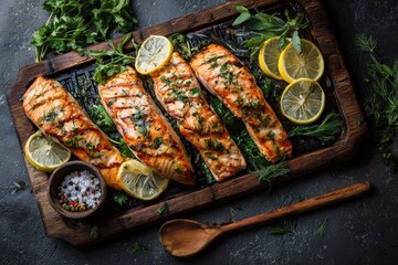 Four grilled salmon fillets with lemon slices and fresh herbs on a rustic wooden board