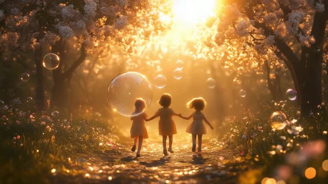 In a beautiful forest filled with glowing sunlight, two friends walk hand in hand. They giggle as bubbles float gently around them, creating a whimsical atmosphere of joy and friendship.