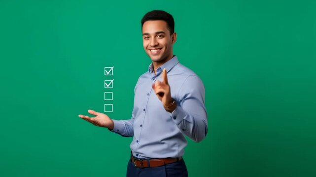 Smiling dark-skinned man checking off list items with finger gesture on green background. Interactive checklist for task management.