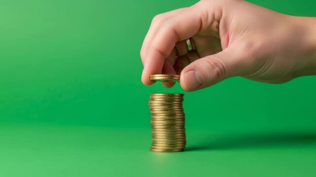 Man hand stacking gold coins on top of a growing currency pile on green background for financial income concept