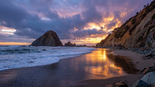 Sunset over rugged coastal cliffs at schooner gulch with golden sky reflecting on rocky shoreline and tranquil pacific waves creating serene natural landscape scenery
