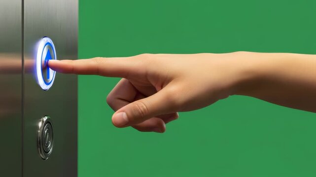 Woman pressing silver elevator button with an up arrow symbol on a green background for chroma key video effect
