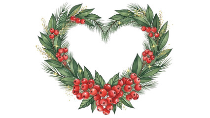 Watercolor Christmas Heart Wreath with Red Berries, Pine Leaves and Golden Accents Illustration © Ruwani
