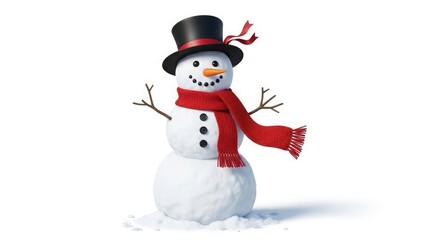 Fototapeta premium A cheerful snowman wearing a hat and scarf stands against a white backdrop.