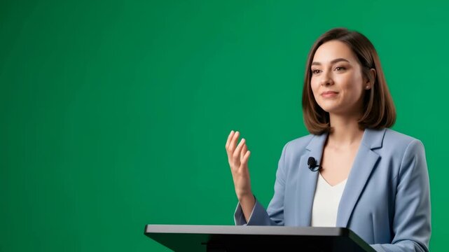 Woman speaking at podium, gesturing with hands sequentially for presentation. Professional speaker on green screen for chromakey effect. - Powered by Adobe