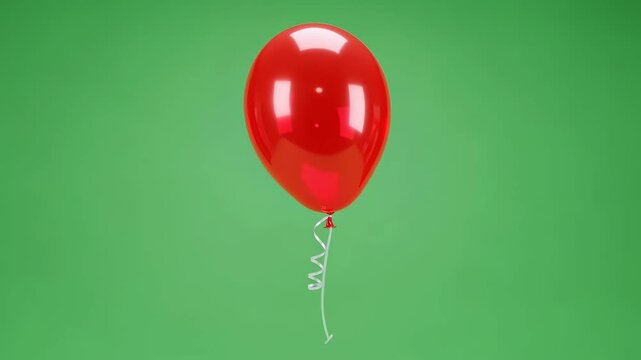 Red balloon with ribbon moving on green screen. Animation of balloon floating for party, celebration, event, chroma key compositing.