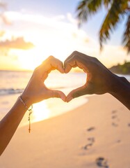 Two hands forming a heart shape on a sandy beach at sunset