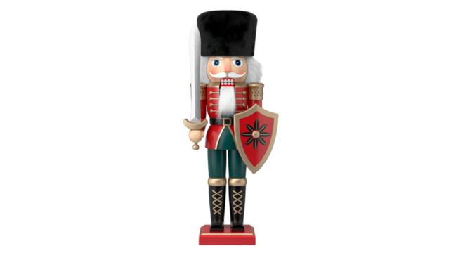 Festive Nutcracker soldier holding sword and shield for holiday decorations use
