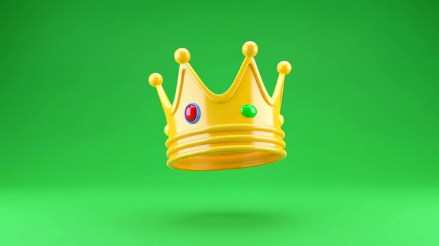 Rotating golden royal crown with colorful gems on green chromakey background, for regal and success video effect