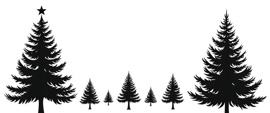 Set of various black christmas tree silhouettes with star on top isolated on white background for seasonal designs
