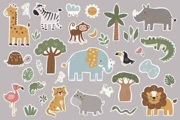 Naklejka premium Vector set of stickers with cute African animals. Well suited for use in children's rooms, books, kindergarten and other kids design