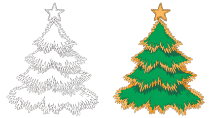 Festive Christmas trees outlined and colored for seasonal celebration designs and patterns