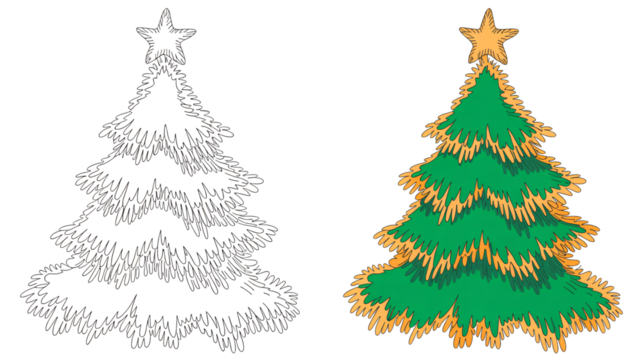 Festive Christmas trees outlined and colored for seasonal celebration designs and patterns