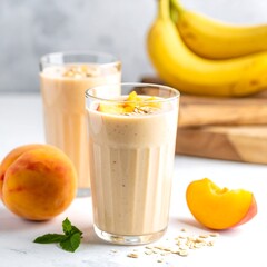 Two healthy smoothies with peach garnish and bananas in the background