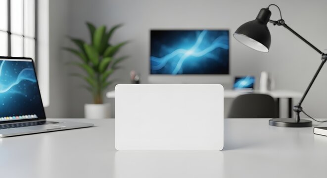 Blank white card mockup displayed prominently on a modern office desk with laptop, monitor, and desk lamp in the background for presentation