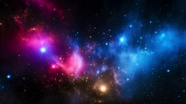 Vibrant colored nebula moving through deep outer space with bright stars background