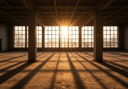 Sunlight streams into an empty industrial warehouse casting long shadows creating a sense of space and potential