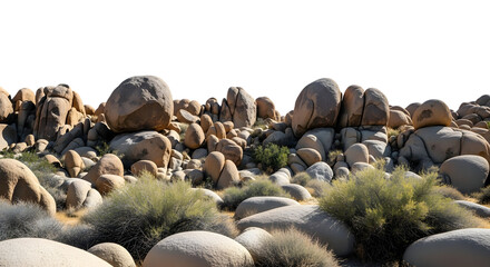 Desert landscape with boulders and sparse vegetation against a black sky