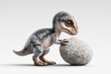 Curious cute baby dinosaur animal playing with big rock. Side view of prehistoric creature on white background