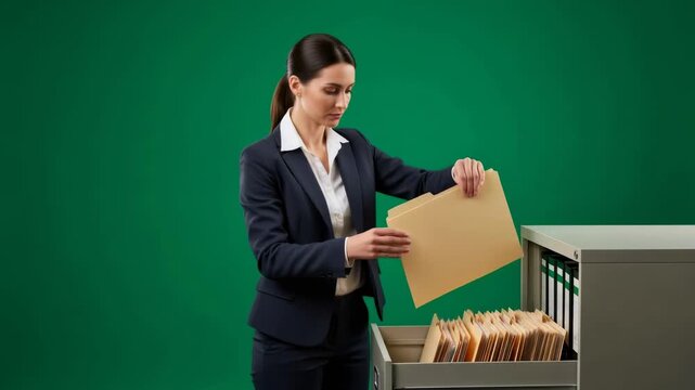 Woman searching through file cabinet drawer. Business executive organizing documents. Office work on green background for compositing.