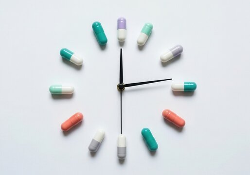 Clock made of colorful pills medication time concept reminder to take medicine on schedule