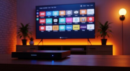 Smart TV with streaming apps on screen modern living room interior with ambient lighting for entertainment and home theater use