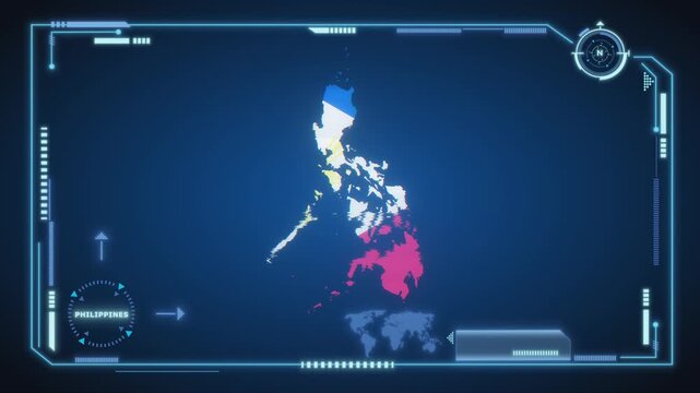 Futuristic Digital Philippines map HUD animation, global network cyber technology, government, Country Map, Politics, Travel, News, and Sports Events.