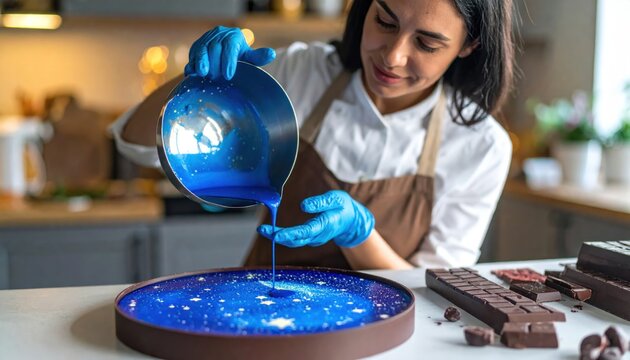 Woman Pastry Chef Pouring Blue Glaze on Galaxy Chocolate Cake.