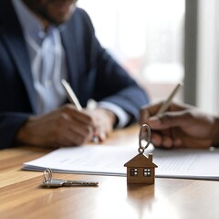 Two people sign documents, a key with a house charm is in focus