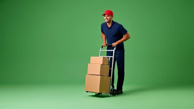 Caucasian man pushing hand cart with boxes across green screen studio. Delivery service concept for chromakey effect.