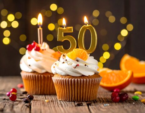 Two frosted cupcakes with a ?50? candle set, surrounded by orange slices, berries, and lights