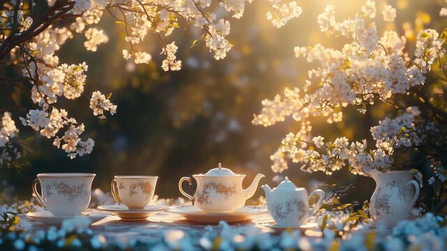 Sunlight filters through blooming flowers as delicate tea sets invite guests to enjoy a calming afternoon tea. Colors brighten the outdoor scene, creating a serene atmosphere for relaxation.