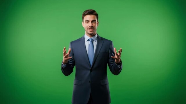 Caucasian man in suit talking and gesturing on green screen for explainer video or news broadcast