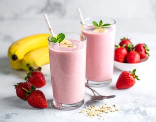 Two pink smoothies with bananas, strawberries, and mint