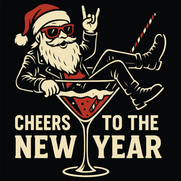 Cool Santa Claus Lounging in Giant Cocktail Glass New Year Vector