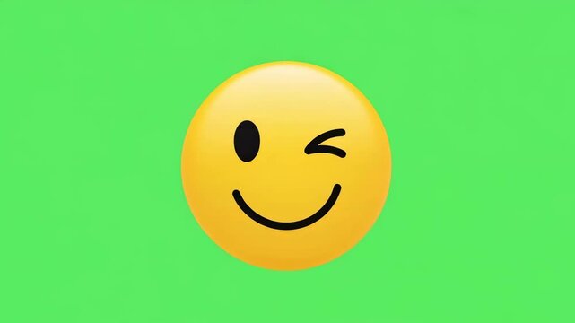 Yellow emoji facial expression animation with blinking eye on green background for chromakey
