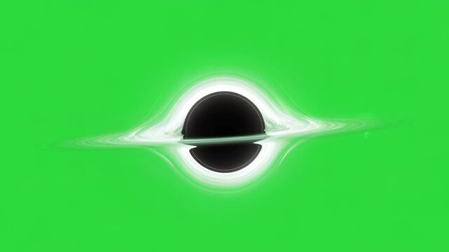 Black hole in accreting disk on green screen. Universe physics and space science concept for visual effects chromakey.