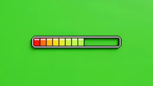 Pixelated health or loading bar increasing across a green screen for video game HUD element