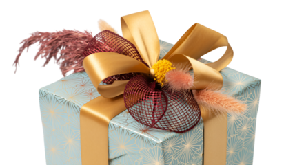 Elegant gift box with golden ribbon and floral decoration for special occasion giving