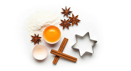 Baking Ingredients with Flour, Egg, Spices and Star Cookie Cutter on White Background