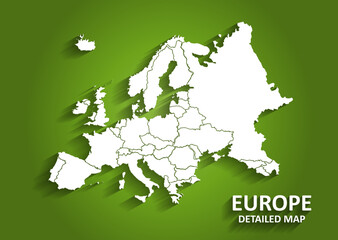 Detailed white vector map of Europe with visible country borders on green background, education, infographic and travel use, Europe, map, vector, continent, geography, outline