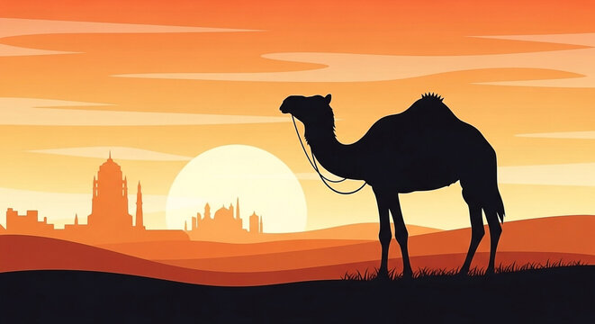 Camel silhouette against a vibrant desert sunset with an ancient city skyline in the distance