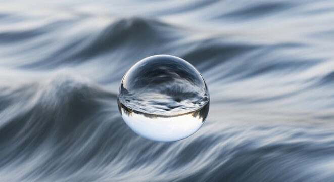 Crystal glass sphere is levitating or floating just above the surface of calm, rippling water. - Powered by Adobe