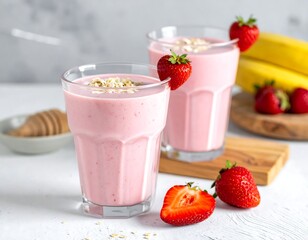 Two pink smoothies with strawberry garnish, banana, and strawberries