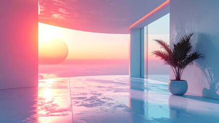 Tropical island paradise beach sunset with palm tree silhouette in the sea