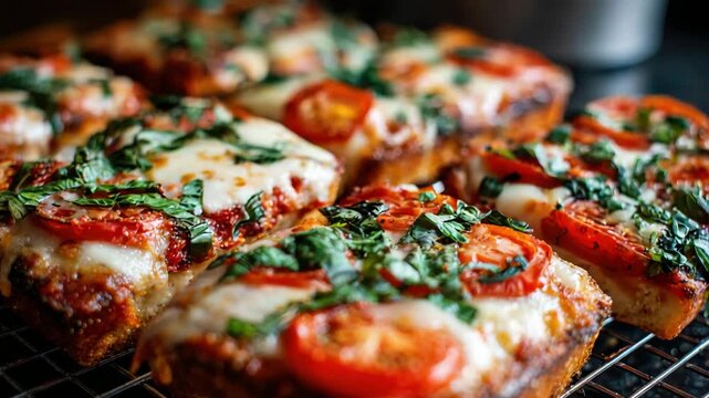 Close up of Freshly Baked Rectangle Pizzas With Melted Mozzarella Cheese and Fresh Basil Topping Served on a Metal Cooling Rack with Dark Background and Warm Lighting
