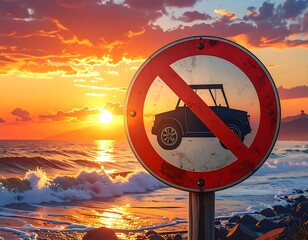 Sunset scene with ocean waves, a "no vehicles" road sign, and a vibrant orange sky