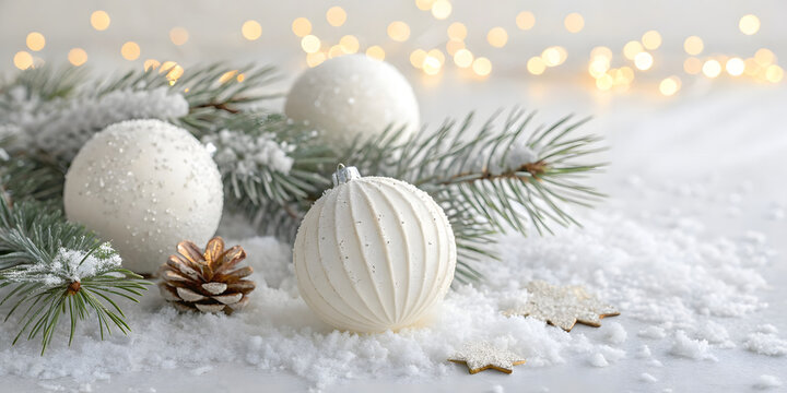 Elegant White Christmas Ornaments with Pine Cones on Snowy Background | Winter Holiday Decoration